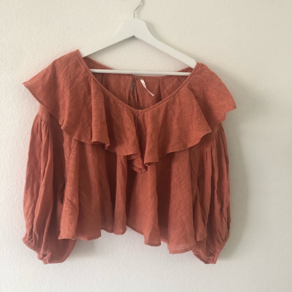 NWT Free People Zuri Ruffle Cropped Blouse Ginger Spice Small MSRP$68